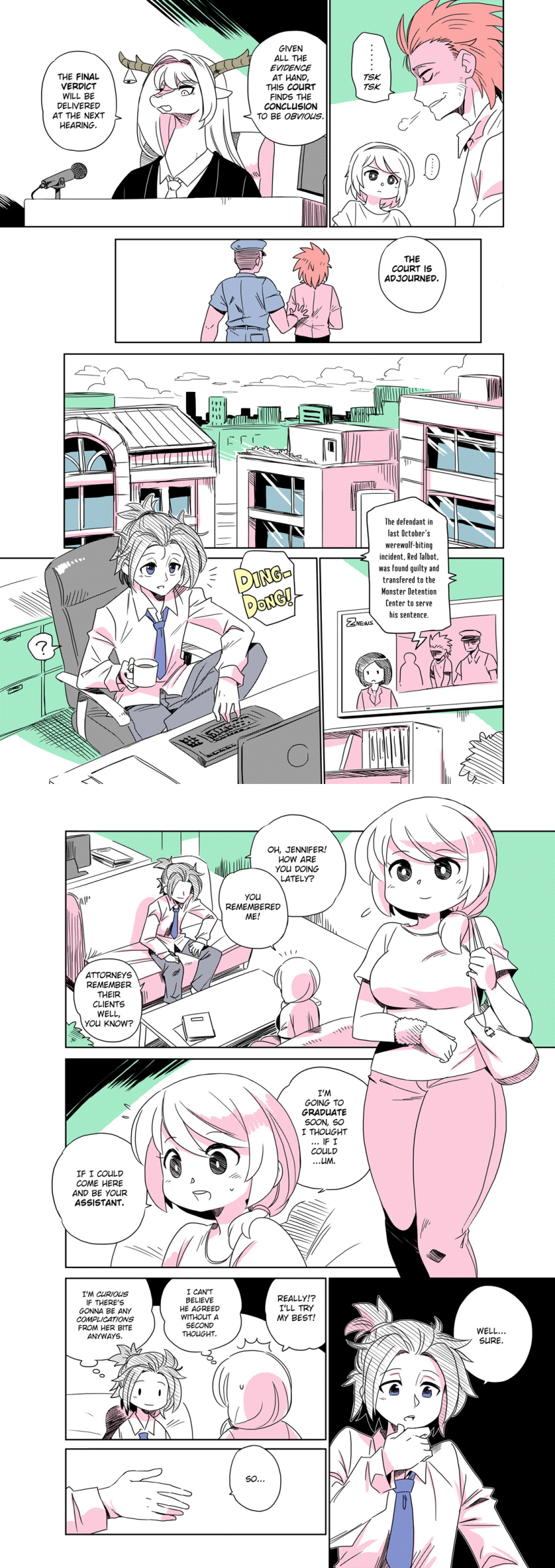 absurdres alternate_language antlers bag bandages coffee_table comic english_text flashback handbag headband highres horns injury judge limited_palette multiple_boys multiple_girls original shepherd0821 short_hair sitting speech_bubble standing table thought_bubble trial werewolf