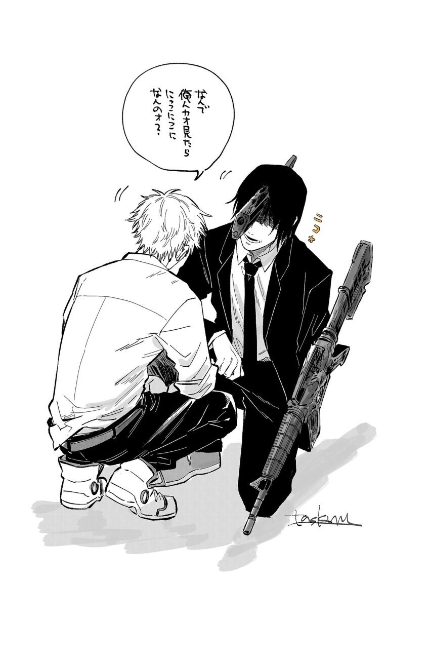 2boys black_jacket black_necktie black_pants chainsaw_man collared_shirt denji_(chainsaw_man) facing_another formal_clothes greyscale gun_devil_(chainsaw_man) hayakawa_aki highres jacket looking_at_another monochrome multiple_boys necktie open_mouth pants shirt shirt_tucked_in signature simple_background speech_bubble squatting suit suit_jacket translation_request tsuke_(task) white_background white_shirt