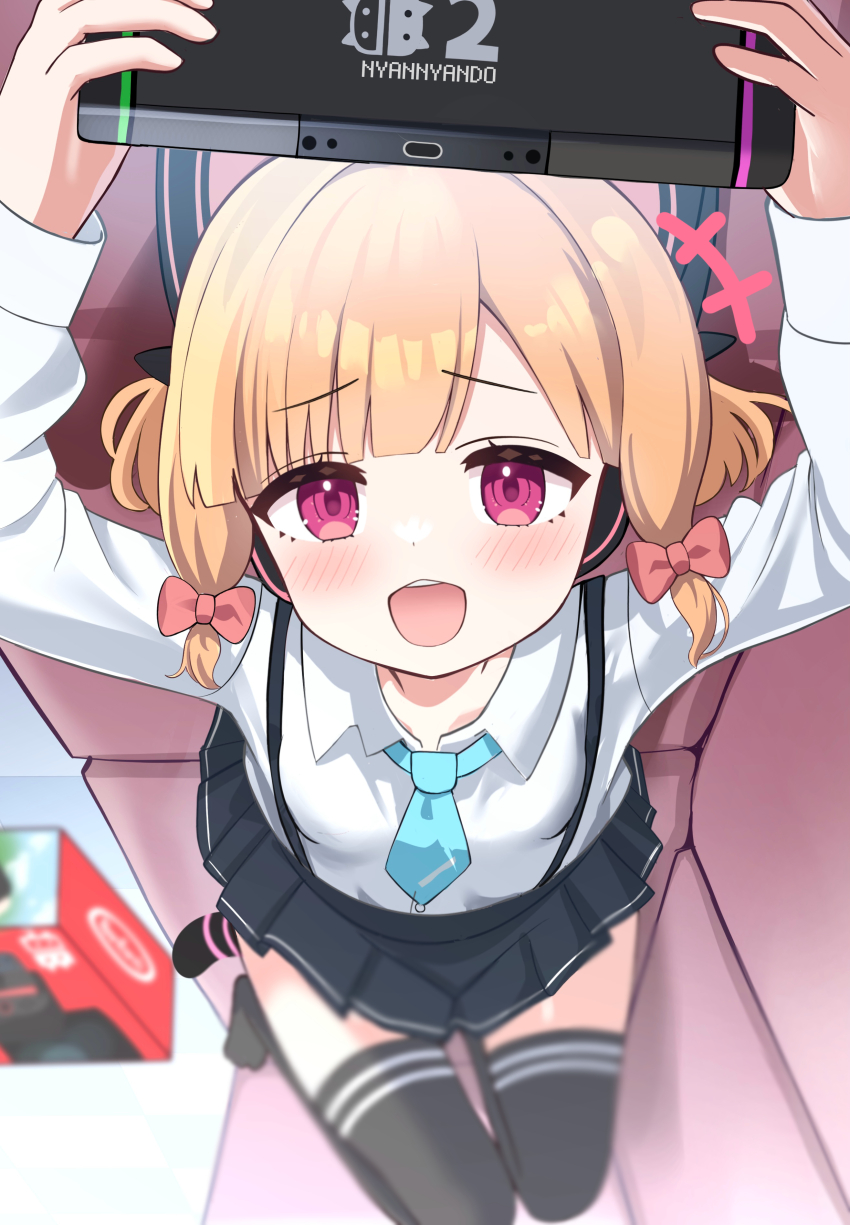 +++ 1girl :d absurdres animal_ear_headphones animal_ears aoraine aqua_necktie arms_up black_skirt black_thighhighs blonde_hair blue_archive blunt_bangs blurry blush bow box brand_name_imitation breasts buttons cat_ear_headphones cat_ears cat_tail collared_shirt commentary_request couch depth_of_field fake_animal_ears fake_tail hair_bow handheld_game_console headphones highres holding holding_handheld_game_console knees_up long_sleeves looking_at_viewer low-tied_sidelocks lying miniskirt momoi_(blue_archive) necktie nintendo_switch_2 no_jacket no_shoes on_back on_couch open_mouth parted_bangs pink_eyes playing_games pleated_skirt red_bow shirt short_hair sidelocks skirt small_breasts smile solo suspender_skirt suspenders tail teeth thighhighs upper_teeth_only white_shirt zettai_ryouiki