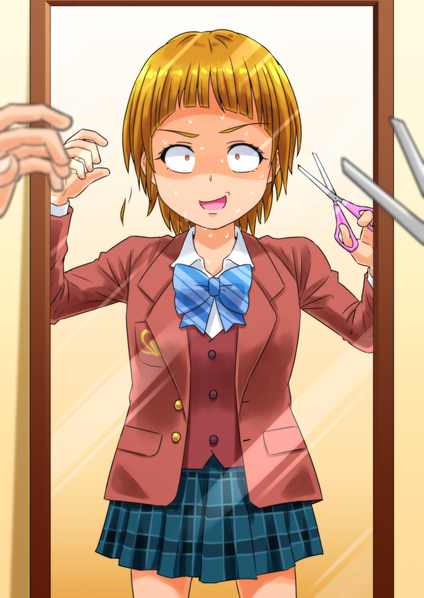 1girl blazer blue_bow blue_bowtie blue_skirt blurry blurry_foreground bow bowtie brown_eyes brown_hair commentary constricted_pupils cosplay cut_bangs cutting_hair depth_of_field dress_shirt female_pov futari_wa_precure highres holding holding_scissors hugtto!_precure jacket looking_at_mirror miniskirt mirror misumi_nagisa nervous nervous_sweating nono_hana nono_hana_(cosplay) pleated_skirt pov precure red_jacket red_vest reflection reflection_focus satou_yasu school_uniform scissors shaded_face shirt short_hair skirt solo sweat verone_gakuin_school_uniform vest white_shirt wing_collar
