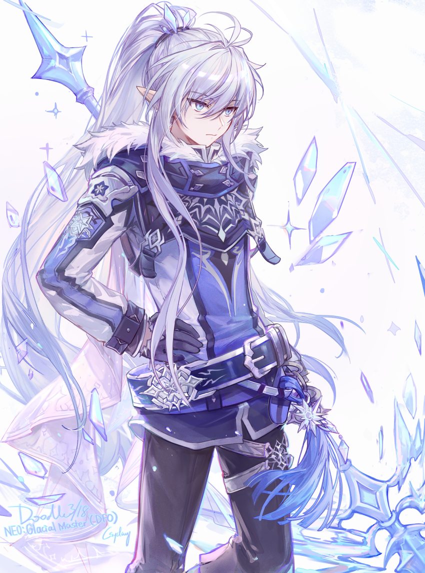 1boy artist_name black_gloves black_pants blue_eyes blue_jacket cowboy_shot csyday dungeon_and_fighter fur_trim glacial_master_(dungeon_and_fighter) gloves high_ponytail highres holding holding_polearm holding_weapon ice jacket long_hair long_sleeves male_mage_(dungeon_and_fighter) multicolored_jacket pants pointy_ears polearm ponytail sidelocks simple_background solo two-tone_jacket very_long_hair weapon white_background white_hair white_jacket