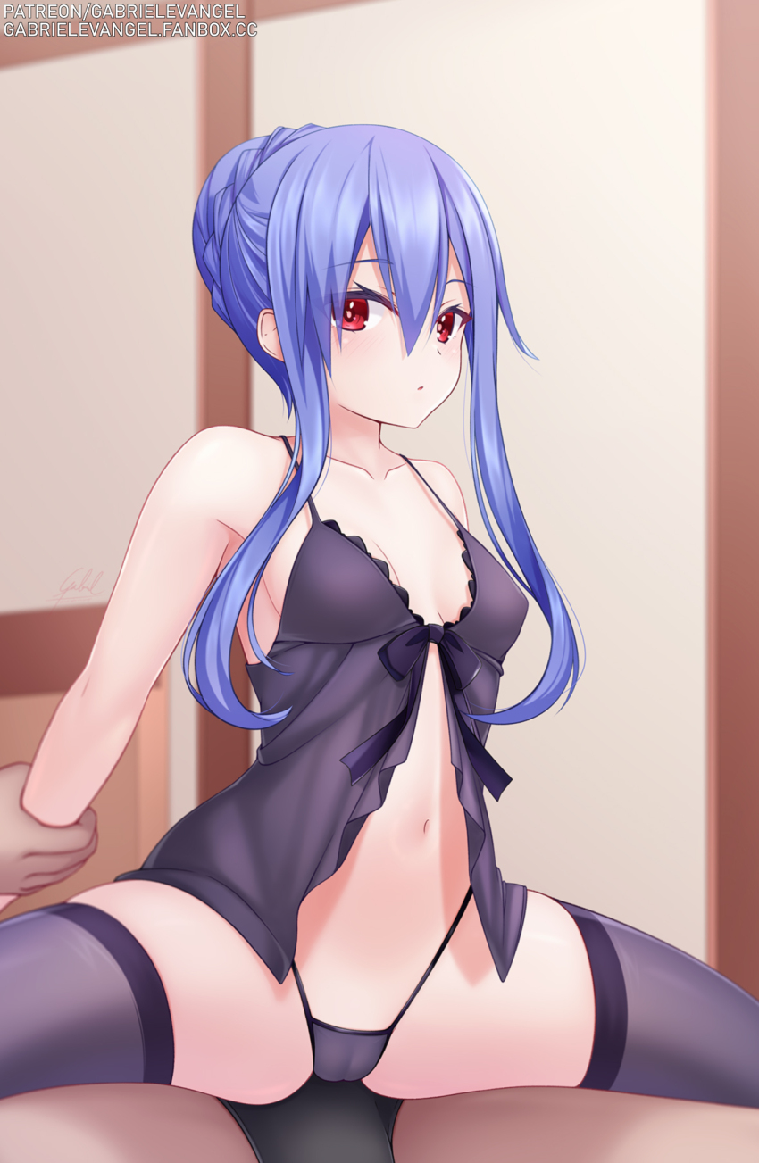 1boy 1girl arm_grab babydoll black_thighhighs blue_hair breasts cowgirl_position effole_(fairy_fencer_f) fairy_fencer_f gabriel_evangel girl_on_top hetero highres looking_at_viewer navel red_eyes reverse_cowgirl_position ribbon small_breasts split spread_legs straddling thighhighs
