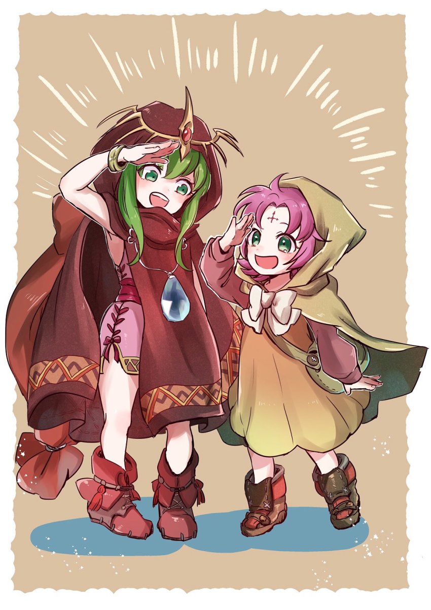 2girls bow bracelet cloak dress facial_mark fae_(fire_emblem) fire_emblem fire_emblem:_mystery_of_the_emblem fire_emblem:_the_binding_blade fire_emblem_heroes forehead_mark green_eyes green_hair highres hood hood_up hoshigaki_(hsa16g) jewelry long_sleeves multiple_girls nintendo open_mouth pink_dress purple_hair short_dress simple_background standing stone tiara tiki_(fire_emblem) tiki_(young)_(fire_emblem) tiki_(young)_(legendary_dragon)_(fire_emblem)