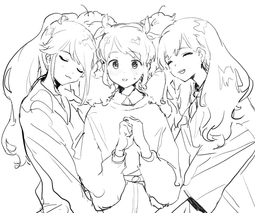 3girls :3 :d ^_^ aikatsu! aikatsu!_(series) bad_id bad_twitter_id character_request check_character closed_eyes greyscale hands_up highres inactive_account kazesawa_sora long_hair long_sleeves looking_at_viewer monochrome multiple_girls open_mouth otoshiro_seira own_hands_together saegusa_kii simple_background smile suiso_(owp) sweatdrop sweater twintails upper_body white_background
