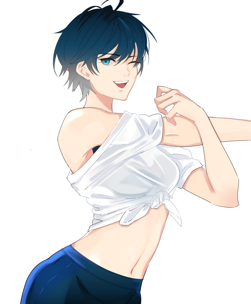 1girl absurdres arms_up ass bare_shoulders black_bra black_survival blue_eyes blue_hair blue_pants bra bra_strap breasts cleavage cowboy_shot crop_top cross-body_stretch dark_blue_hair detached_sleeves eternal_return:_black_survival exercising flexible gym gym_pants gym_shirt gym_uniform hair_between_eyes highres large_breasts looking_at_viewer midriff narrow_waist navel non-web_source official_alternate_costume one_eye_closed open_clothes open_mouth pants see-through_clothes see-through_shirt shirt shoes short_hair silvia_piquet smile solo standing stretching tank_top third-party_edit third-party_extraction underwear white_background white_shirt white_sleeves white_tank_top wide_hips