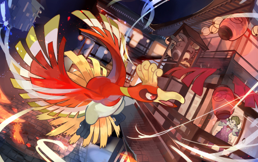 1boy ab-ten bird brown_hair building commentary_request eusine_(pokemon) flying gen_2_pokemon ho-oh jacket lantern legendary_pokemon long_sleeves male_focus night nintendo open_mouth outdoors pants paper_lantern pokemon pokemon_(creature) pokemon_hgss purple_jacket purple_pants red_eyes sentret shirt tongue white_shirt