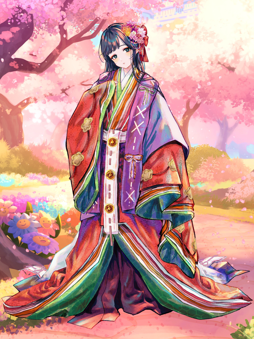 1girl arm_at_side black_hair cherry_blossoms closed_mouth dairoku_ryouhei female_focus flower flower_with_face full_body furisode grass hair_flower hair_ornament hand_on_own_chest highres hiki_furisode japanese_clothes kaibara_akehiko kimono layered_clothes long_hair outdoors path road standing white_loincloth
