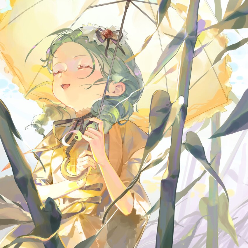 1girl ahoge bamboo blush brown_ribbon closed_eyes forehead green_hair hair_ornament hair_over_shoulder highres holding holding_umbrella kanaria long_hair low_twintails open_mouth parted_bangs ribbon rozen_maiden shirt simple_background sketch solo twintails umbrella upper_body white_background wusubamineko yellow_shirt