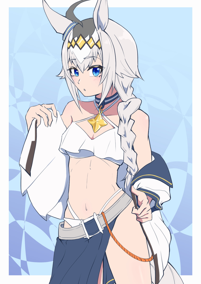 1girl absurdres ahoge alternate_costume animal_ears bikini blue_eyes blush breasts chia_ikaruga collarbone commentary_request grey_hair highres horse_ears horse_girl horse_tail looking_at_viewer oguri_cap_(umamusume) simple_background small_breasts swimsuit tail umamusume