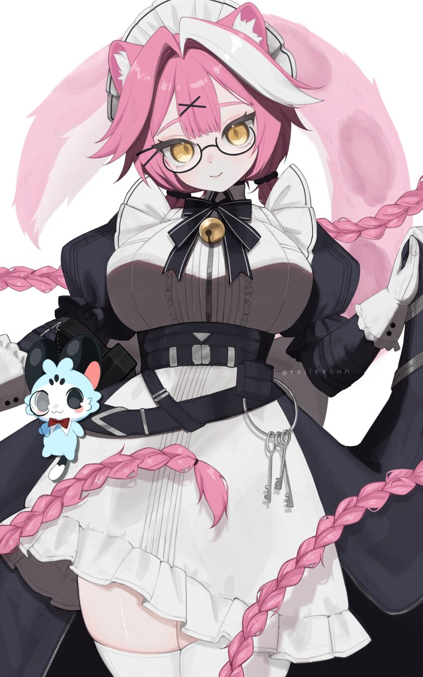 1girl alternate_costume animal_ears apron black_dress braid chattino_(raora_panthera) closed_mouth dress enmaided glasses gloves highres hololive hololive_english julie_(rolleybun) key keyring long_hair maid maid_apron maid_headdress multicolored_hair panther_ears panther_girl pink_hair raora_panthera smile streaked_hair thighhighs twin_braids virtual_youtuber white_apron white_gloves white_hair white_thighhighs yellow_eyes