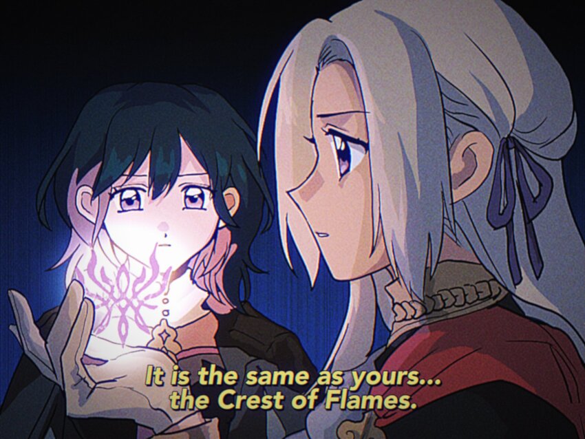 2girls blue_hair female_byleth_(fire_emblem) edelgard_von_hresvelg english_text fire_emblem fire_emblem:_three_houses gloves highres multiple_girls night night_sky nintendo simple_background sky white_gloves white_hair yellow_text yuu_(primalmxy)