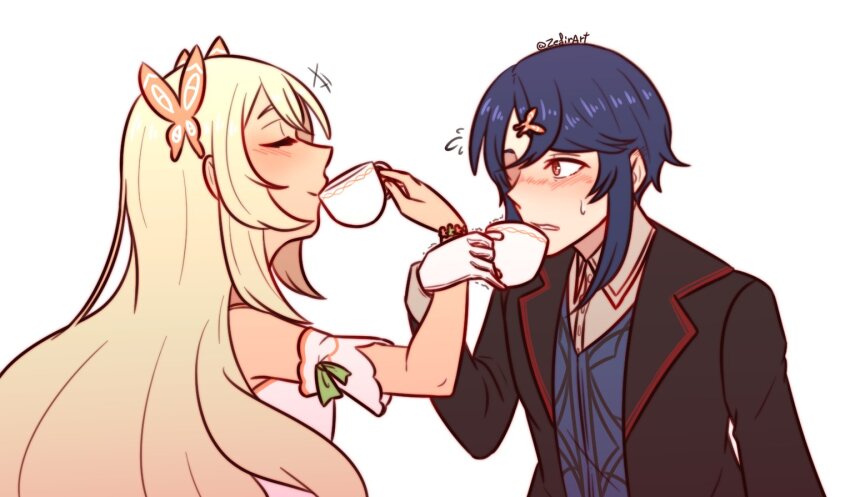 1boy 1girl alcryst_(fire_emblem) blonde_hair blue_hair butterfly_hair_ornament celine_(fire_emblem) cup fire_emblem fire_emblem_engage hair_ornament holding holding_cup looking_at_another nintendo teacup zefirart
