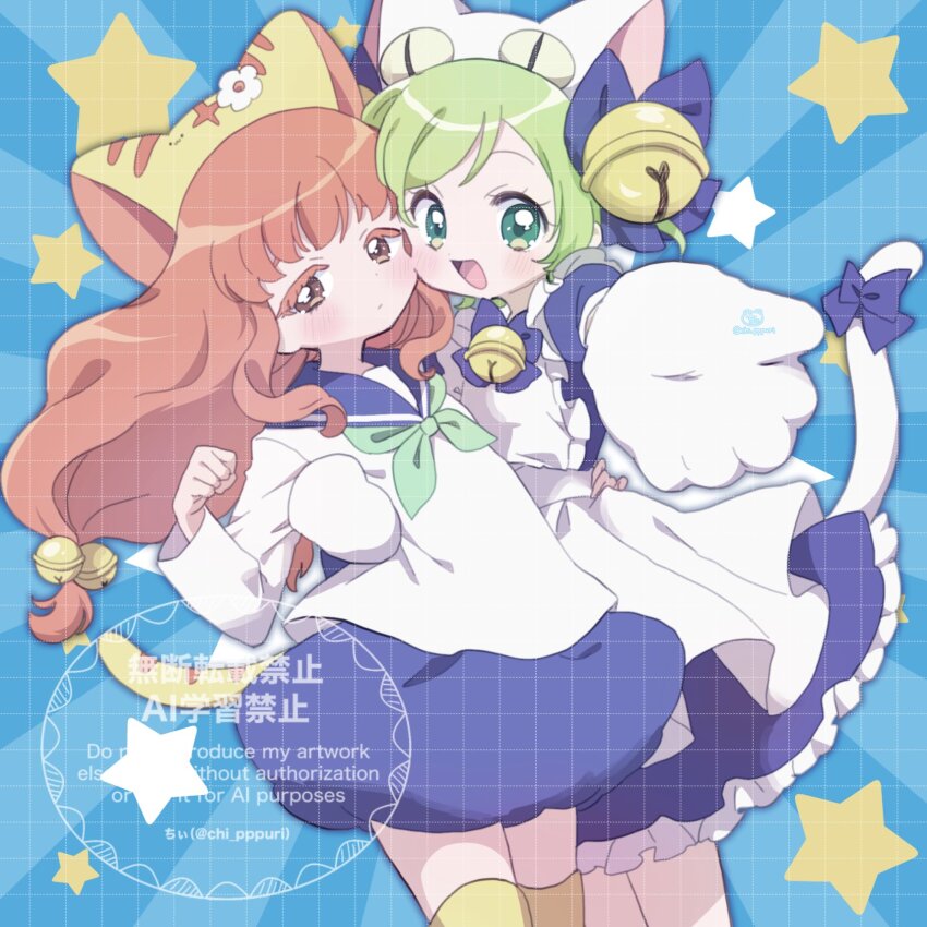 2girls :d animal_ears animal_hands apron artist_name bell blue_bow blue_bowtie blue_sailor_collar blue_skirt blush bow bowtie cat_day cat_ears cat_tail cheek-to-cheek chii_(chi_pppuri) colored_eyelashes copyright_notice cosplay cowboy_shot crossover dejiko dejiko_(cosplay) di_gi_charat dot_nose dress english_text expressionless fake_animal_ears frilled_dress frills gloves green_eyes green_hair green_neckerchief hair_bell hair_bow hair_ornament heads_together highres himitsu_no_aipri long_hair long_sleeves looking_at_viewer low_twintails maid_apron male_focus medium_dress miniskirt mitsuba_airi multiple_girls neckerchief open_mouth orange_eyes orange_hair paw_gloves pretty_series puchiko puchiko_(cosplay) sailor_collar shinomiya_rinrin shirt short_hair skirt smile standing tail tail_bow tail_ornament tareme thighhighs twintails twitter_username watermark wavy_hair wavy_sidelocks white_apron white_dress white_gloves white_shirt yellow_thighhighs zettai_ryouiki