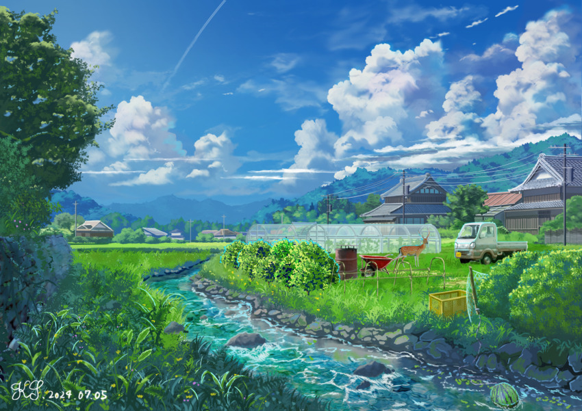antlers blue_sky cloud crate day deer field flower grass greenhouse horns house koyama_satsuki landscape leaf motor_vehicle mountainous_horizon no_humans original outdoors pickup_truck power_lines rock rural scenery sky stream summer tree truck utility_pole