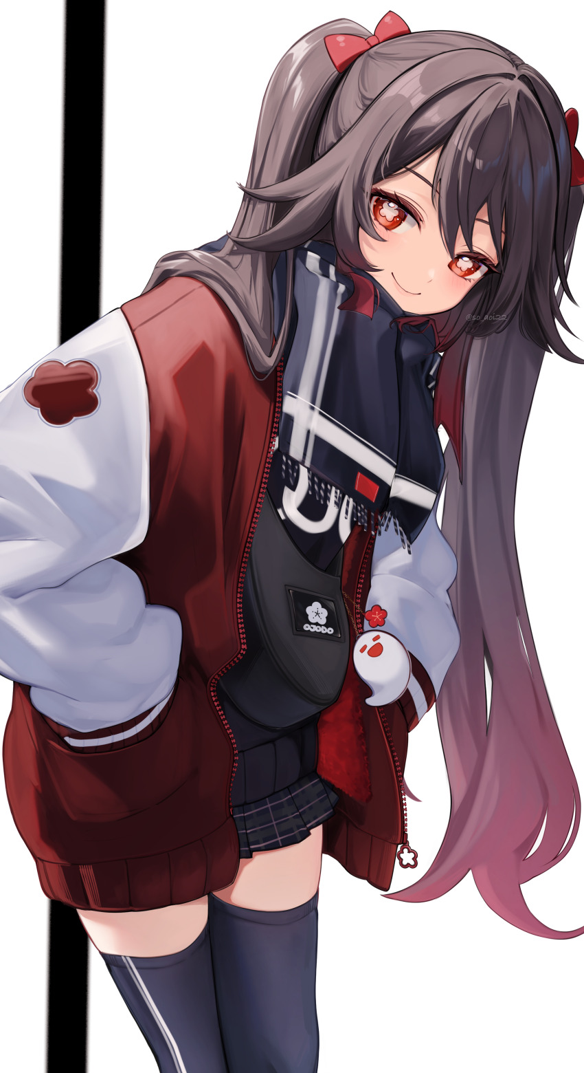 1girl absurdres artist_name asahi_(vjss4548) black_scarf black_skirt black_sweater black_thighhighs boo_tao_(genshin_impact) bow brown_hair character_charm charm_(object) closed_mouth commentary_request cowboy_shot flower-shaped_pupils genshin_impact gradient_hair hands_in_pockets highres hu_tao_(genshin_impact) jacket long_hair long_sleeves looking_at_viewer multicolored_hair multicolored_jacket open_clothes open_jacket pouch red_bow red_eyes red_hair red_jacket scarf skirt smile solo sweater symbol-shaped_pupils thighhighs twintails two-tone_jacket very_long_hair white_jacket