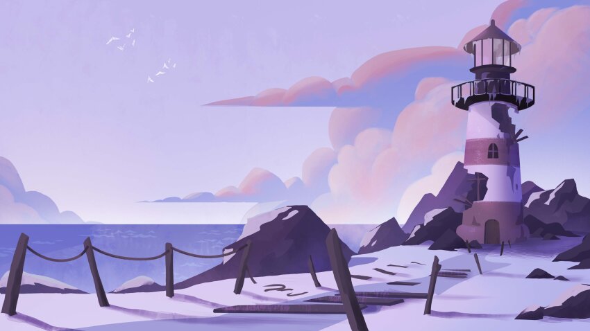 abandoned absurdres aimeedrawsstuff analogous_colors beach bird cliff cloud cloudy_sky fence highres lighthouse no_humans ocean original outdoors path road rock ruins seagull sky snow water winter
