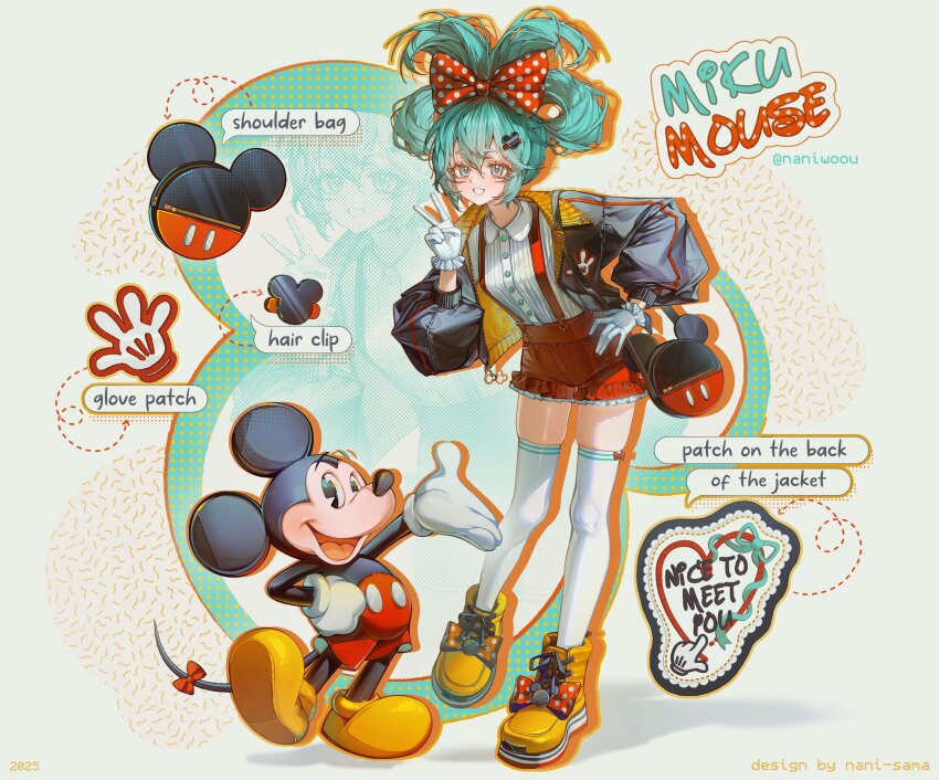 1boy 1girl 2025 \||/ absurdres alternate_costume animal_ears ankle_boots aqua_eyes aqua_hair black_jacket boots bow buttons collared_shirt cosplay crossover english_text folded_twintails frilled_shorts frills full_body gloves grin hand_on_own_hip hatsune_miku highres jacket lace-up_boots long_hair long_sleeves looking_at_viewer mickey_mouse mickey_mouse_&amp;_friends mickey_mouse_(cosplay) mouse_boy mouse_ears naniwoou open_clothes open_jacket open_mouth puffy_long_sleeves puffy_sleeves red_shorts shirt short_shorts shorts smile standing suspender_shorts suspenders tail thighhighs twintails two-sided_fabric two-sided_jacket v vocaloid white_gloves white_shirt white_thighhighs yellow_boots