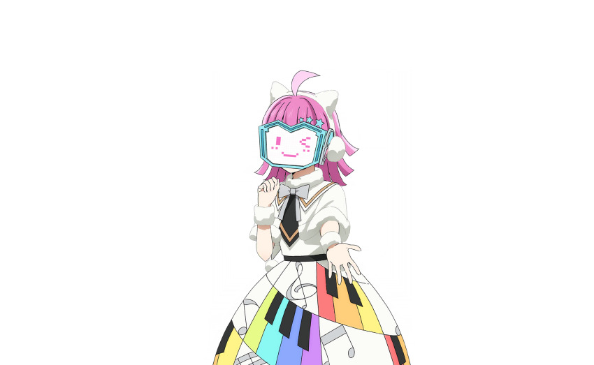 &gt;_o 1girl ahoge animal_ear_hairband animal_ears blunt_bangs capelet cat_ear_hairband cat_ears clenched_hand colorful_dreams!_colorful_smiles!_(love_live!) cowboy_shot dot-matrix dress earmuffs fake_animal_ears fur-trimmed_capelet fur-trimmed_collar fur_trim grey_ribbon hair_ornament hairband hand_up highres holding_hands kishimen_hair looking_at_viewer love_live! love_live!_nijigasaki_high_school_idol_club love_live!_school_idol_festival_2 medium_hair musical_note musical_note_print neck_ribbon offering_hand official_art one_eye_closed open_hand outstretched_arm outstretched_hand piano_print pink_hair rainbow_print rainbow_skirt reaching ribbon rina-chan_board solo star_(symbol) star_hair_ornament tennoji_rina transparent_background white_capelet white_dress wristband