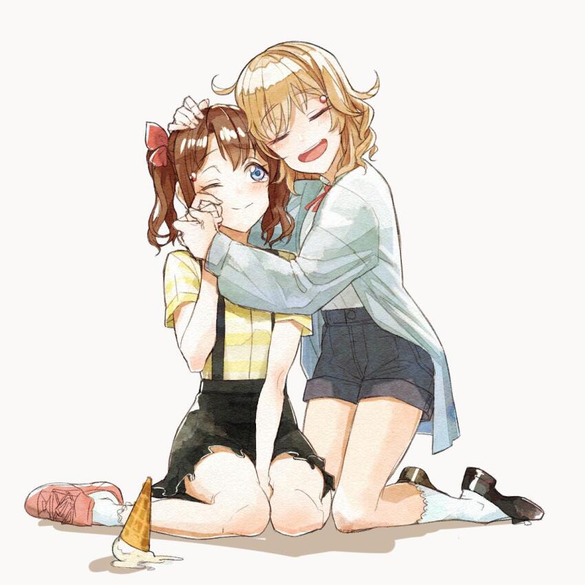 2girls accident aged_down ahoge between_legs black_footwear black_skirt blue_eyes blue_jacket bow brown_hair closed_eyes comforting commentary denim denim_shorts dropped_food food full_body hair_bow hand_between_legs hand_on_another&#039;s_head heads_together holding_hands hug ice_cream ice_cream_cone ice_cream_cone_spill jacket kneeling konoe_haruka konoe_kanata light_brown_hair long_sleeves looking_at_another love_live! love_live!_nijigasaki_high_school_idol_club monowe multiple_girls neck_ribbon on_ground one_eye_closed open_mouth red_bow red_ribbon ribbon shirt short_shorts short_sleeves shorts siblings simple_background sisters sitting skirt smile socks suspender_skirt suspenders t-shirt tears twintails wariza white_background white_shirt white_socks wiping_tears yellow_shirt