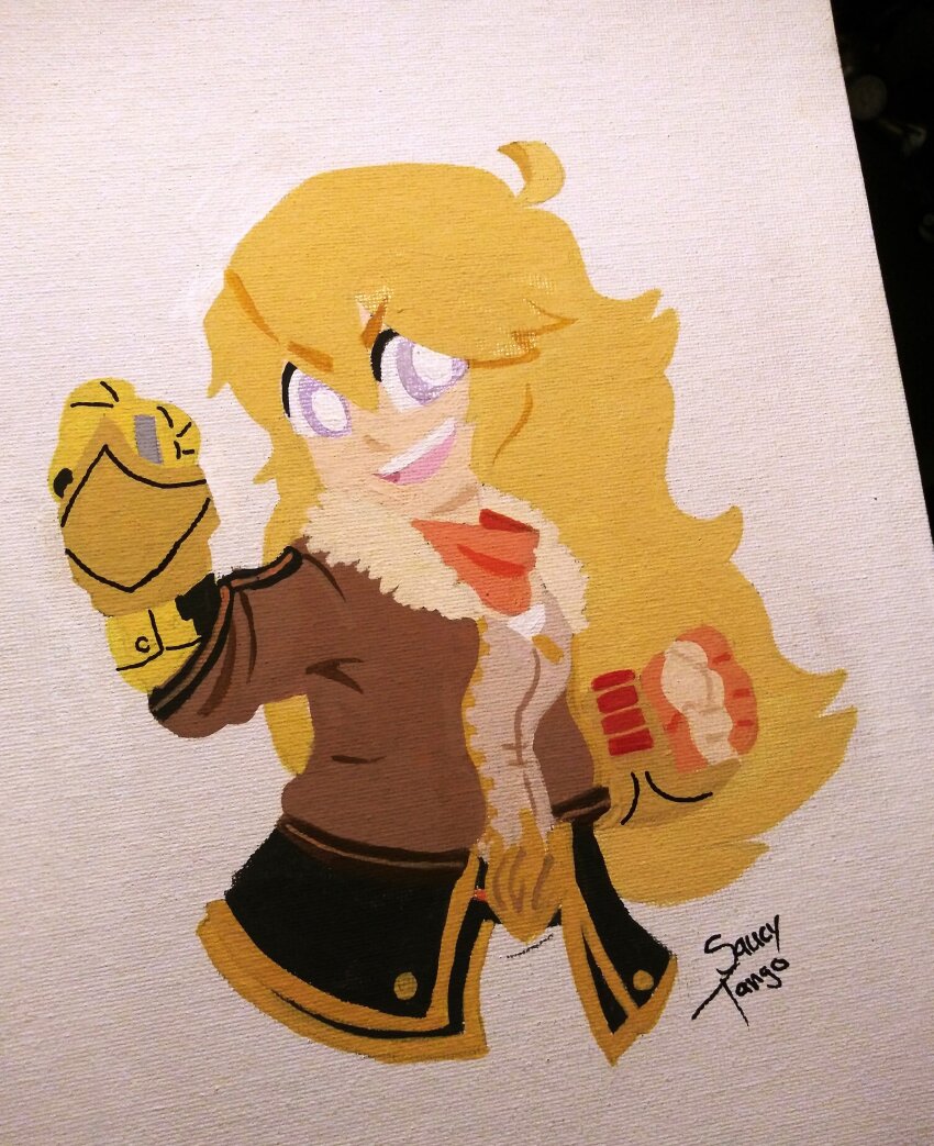 1girl absurdres arm_up artist_name blonde_hair brown_jacket brown_shirt commentary ember_celica_(rwby) english_commentary fingerless_gloves gauntlets gloves highres jacket long_hair mechanical_arms open_clothes open_jacket open_mouth orange_gloves orange_scarf painting_(medium) prosthesis prosthetic_arm purple_eyes rwby saucytango scarf shirt single_fingerless_glove single_mechanical_arm smile solo teeth traditional_media upper_teeth_only v-shaped_eyebrows yang_xiao_long