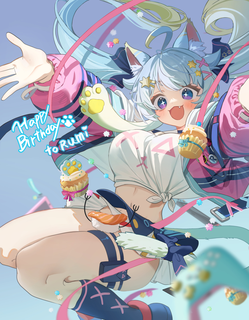 1girl absurdres animal_ears blue_hair cat_ears cat_tail english_text fang food hair_ornament highres jumping kneehighs lanmewko long_sleeves purple_eyes ruiuncle socks sushi tail tank_top thigh_strap x_hair_ornament