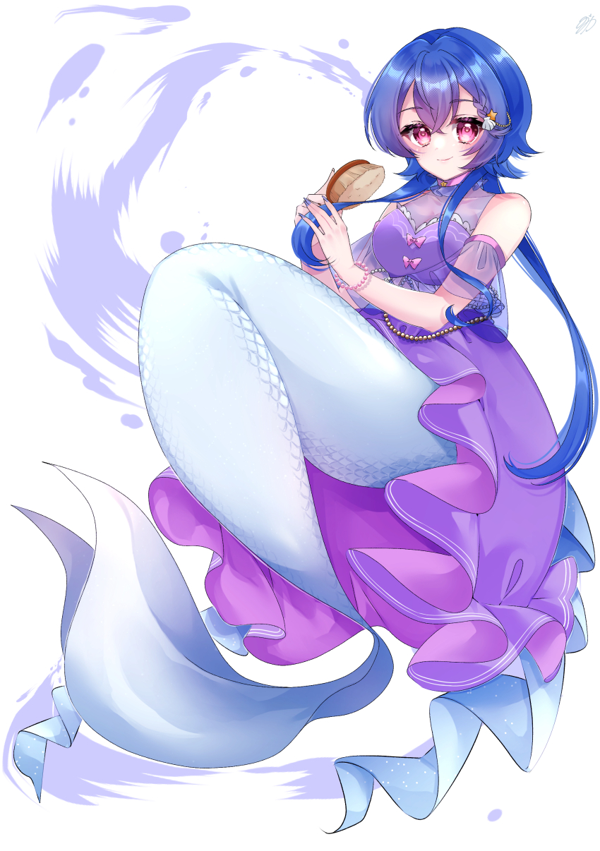 1girl absurdres blue_hair bow breasts commission dress hair_between_eyes hair_ornament highres holding holding_brush indie_virtual_youtuber long_hair looking_at_viewer low_twintails medium_breasts mermaid monster_girl monsterification nimora_(vtuber) pink_bow pink_eyes purple_dress shell_hair_ornament skeb_commission sleeveless sleeveless_dress smile star_(symbol) star_hair_ornament twintails very_long_hair virtual_youtuber yuzuca_(trickster4594)