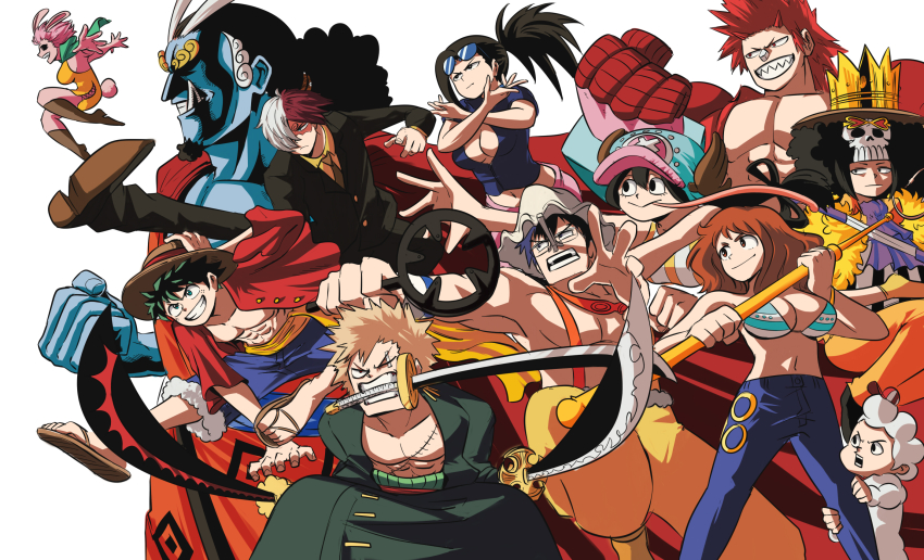 5girls 6+boys all_might ashido_mina asui_tsuyu bakugou_katsuki bikini bikini_top_only blouse blue_skin boku_no_hero_academia breasts brook_(one_piece) brook_(one_piece)_(cosplay) carrot_(one_piece) carrot_(one_piece)_(cosplay) character_request cleavage colored_skin cosplay cosplay_request cropped_jacket crossover denim formal_clothes franky_(one_piece) franky_(one_piece)_(cosplay) highres iida_tenya jacket jeans jinbe_(one_piece) jinbe_(one_piece)_(cosplay) jiro_kyoka katana kirishima_eijirou midoriya_izuku mineta_minoru monkey_d._luffy monkey_d._luffy_(cosplay) multiple_boys multiple_girls nami_(one_piece) nami_(one_piece)_(cosplay) nami_(one_piece)_(return_to_sabaody) navel nico_robin nico_robin_(cosplay) nico_robin_(return_to_sabaody) one_piece open_clothes open_shirt pants pink_skin ponytail roronoa_zoro roronoa_zoro_(cosplay) sanji_(one_piece) sanji_(one_piece)_(cosplay) scar scar_across_eye scar_on_face shirt short-sleeved_jacket short_sleeves slingshot_(weapon) suit swimsuit sword tagme tina_fate todoroki_shouto tony_tony_chopper tony_tony_chopper_(cosplay) uraraka_ochako usopp usopp_(cosplay) weapon white_background yaoyorozu_momo zeus_(one_piece) zeus_(one_piece)_(cosplay)