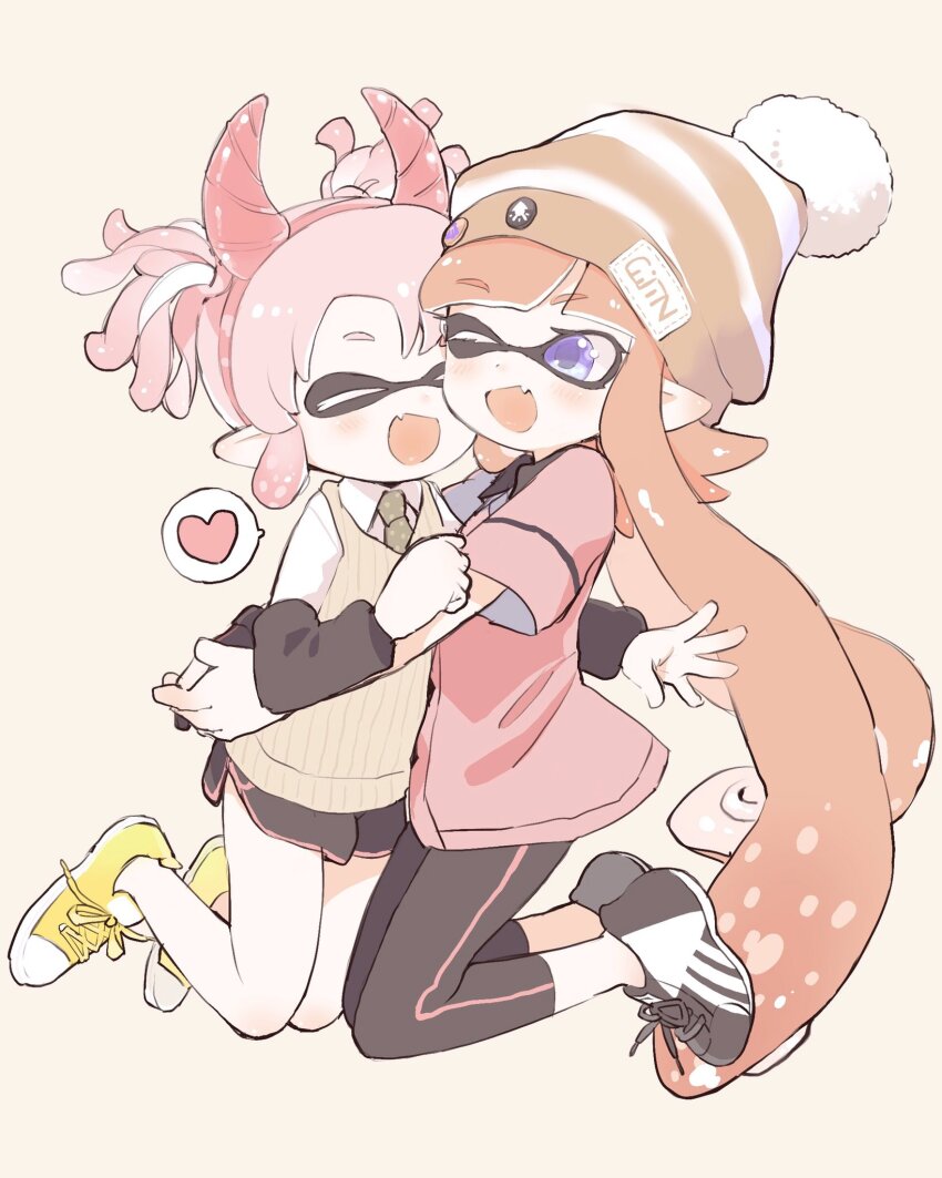 2girls amezawa_koma beanie black_arm_warmers black_leggings black_shoes black_shorts closed_eyes collared_shirt commentary_request dolphin_shorts fake_horns fang full_body green_necktie hairband hat heart highres horn_hairband horns hug inkling inkling_girl inkling_player_character leggings long_hair long_sleeves multiple_girls necktie nintendo one_eye_closed open_mouth orange_hair pink_hair pink_hairband pink_horns pink_shirt pointy_ears pom_pom_(clothes) pom_pom_beanie purple_eyes shirt shoes short_hair short_sleeves short_twintails shorts sidelocks skin_fang smile sneakers speech_bubble splatoon_(series) spoken_heart striped_clothes striped_headwear sweater_vest swept_bangs tentacle_hair twintails very_long_hair white_hat white_shirt yellow_background yellow_hat yellow_shoes yellow_sweater_vest