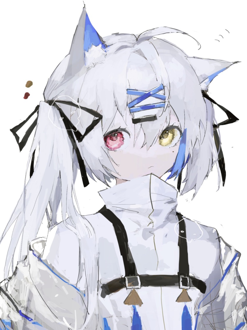1girl ahoge animal_ears black_ribbon cat_ears cat_girl chest_harness chinese_commentary closed_mouth commentary_request hair_between_eyes hair_ornament hair_ribbon hairclip harness heterochromia high_collar highres jacket mole mole_under_eye original red_eyes ribbon shirt simple_background solo upper_body vihua6 white_background white_hair white_jacket white_shirt x_hair_ornament yellow_eyes