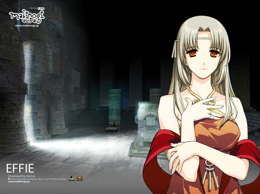 1girl bare_shoulders blonde_hair circlet dress effie_(mabinogi) female_focus graveyard indoors looking_at_viewer mabinogi orange_dress parted_bangs red_eyes shawl solo tombstone upper_body