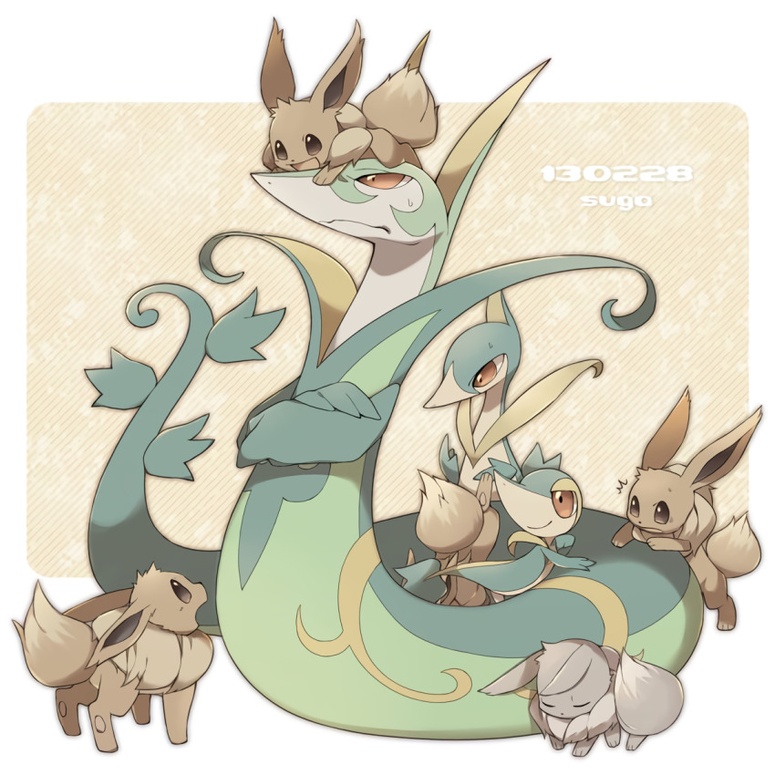 bad_id bad_pixiv_id brown_eyes closed_eyes closed_mouth crossed_arms eevee evolutionary_line gen_1_pokemon gen_5_pokemon half-closed_eyes highres nintendo no_humans open_mouth pokemon pokemon_(creature) red_eyes serperior servine sg_(suuchan) snivy sweat