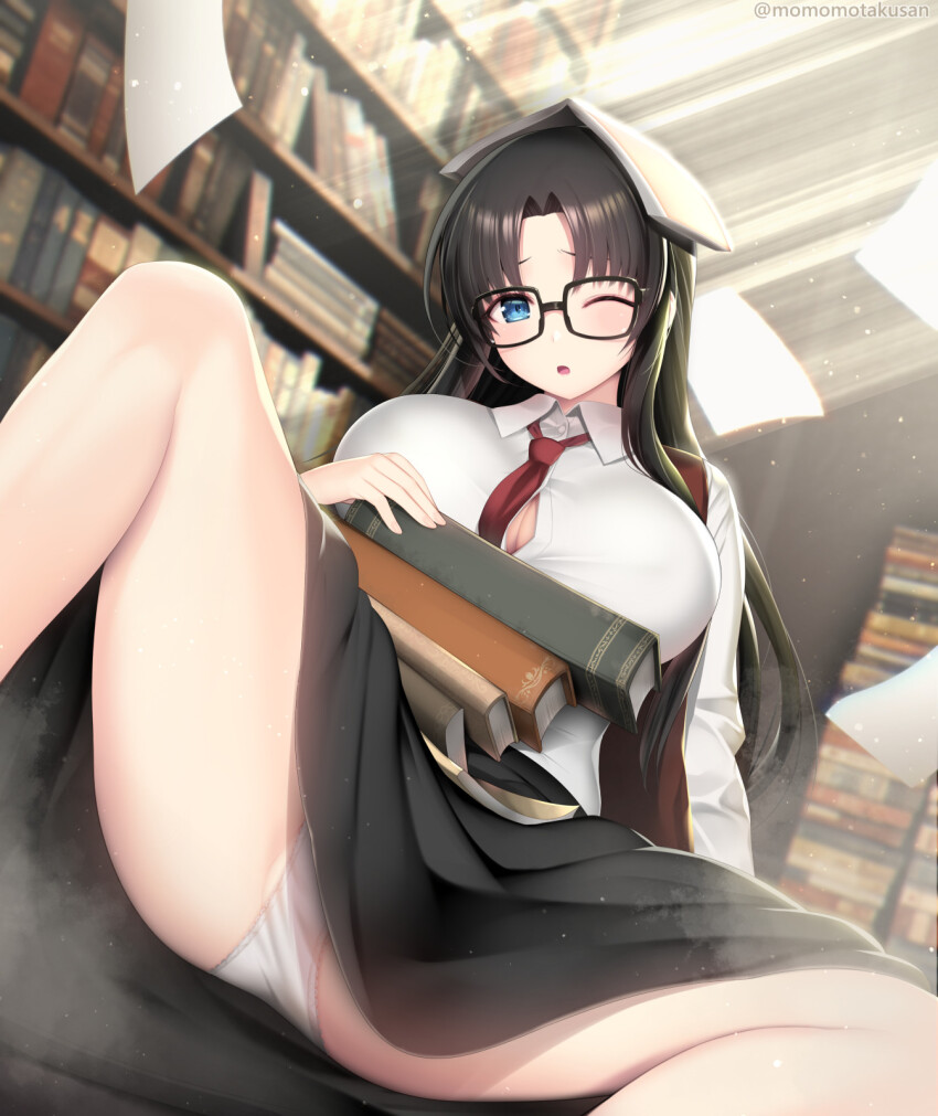 1girl black_hair blue_eyes book bookshelf breasts cleavage glasses highres kashiwamochi_yomogi large_breasts long_hair long_sleeves looking_at_viewer necktie one_eye_closed panties paper read_or_die skirt solo underwear yomiko_readman