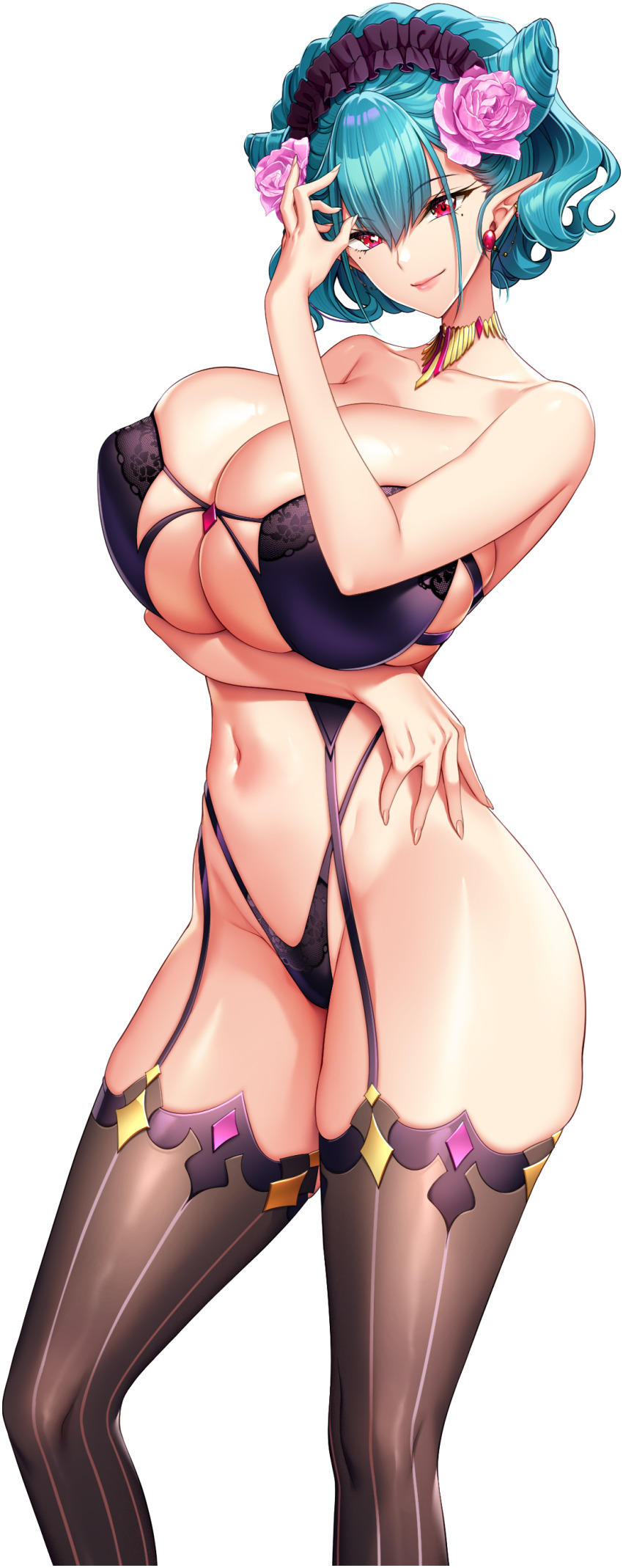 absurdres akagi_rio aqua_hair arka_hellmare arm_under_breasts black_bra black_headdress black_thighhighs bra breasts chuunibyou cleavage closed_mouth cone_hair_bun double_bun earrings flower game_cg garter_straps gold_necklace hair_bun hair_flower hair_ornament hand_on_own_face highres huge_breasts jewelry lingerie looking_at_viewer milk_factory mole mole_under_eye motto!_haramase!_honoo_no_oppai_isekai_oppai_maid_gakuen! navel necklace non-web_source pink_flower pointy_ears red_eyes short_hair sidelocks skindentation smile standing strapless strapless_bra tachi-e thighhighs thong underwear wavy_hair