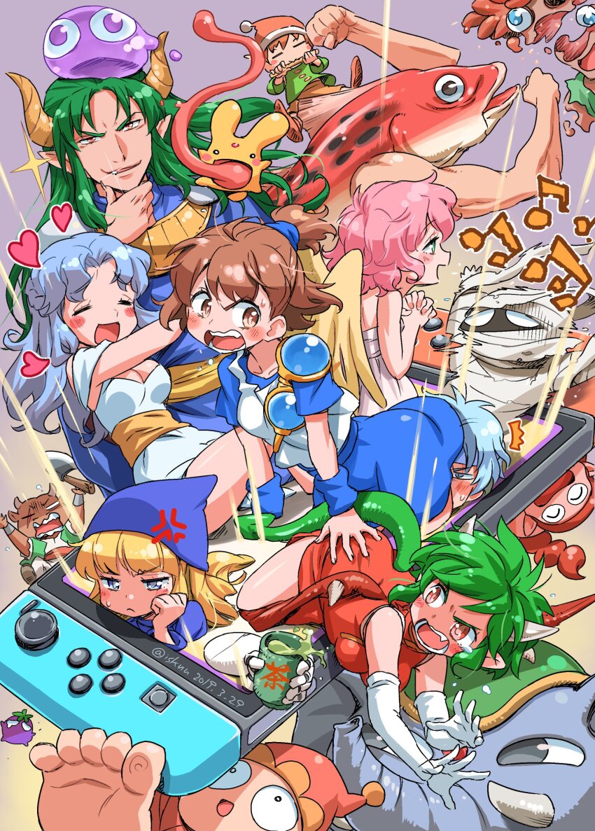 5girls 6+boys absurdres anger_vein angry arle_nadja arm_warmers arms_up artist_name ass axe bad_singing beamed_eighth_notes black_eyes blonde_hair blue_arm_warmers blue_eyes blue_hair blue_hat blue_headband blue_shirt blue_skirt blush breasts brown_eyes carbuncle_(puyopuyo) china_dress chinese_clothes closed_eyes commentary_request cup dated demon_boy demon_horns dismemberment draco_centauros dragon_girl dragon_horns dragon_tail dragon_wings dress drink eighth_note elbow_gloves elephant fangs feathered_wings feet fish fish_boy flute gloves green_eyes green_tea green_vest hand_on_another&#039;s_ass hand_on_own_chin hand_up harpy_(puyopuyo) hat headband heart highres holding holding_axe holding_cup holding_flute holding_instrument horns hug instrument interlocked_fingers isedaichi_ken joy-con long_hair long_tongue looking_at_another looking_at_ass looking_back medium_breasts medium_hair minotaur minotaur_(puyopuyo) multiple_boys multiple_girls mummy mummy_(dragon_quest) muscular muscular_male music musical_note nasu_grave nintendo_switch off-shoulder_dress off_shoulder on_head one_eye_closed open_mouth orange_eyes own_hands_clasped own_hands_together panotty phrygian_cap pink_hair playing_flute playing_instrument pointy_ears purple_eyes puyo_(puyopuyo) puyopuyo red_dress red_hat red_wings rulue_(puyopuyo) sasori_man satan_(puyopuyo) scar scar_across_eye scar_on_face schezo_wegey scorpion_tail shirt short_hair side_slit singing single_shoulder_pad skeleton skeleton_t skirt sleeveless sleeveless_dress slime_(creature) small_breasts small_sweatdrop smile smirk sparkle suketoudara sukiyapodes swept_bangs tail tea through_medium through_screen toes tongue twitter_username very_long_tongue vest white_dress white_gloves white_shirt wings witch_(puyopuyo) yellow_wings zoh_daimaoh zombie zombie_(puyopuyo)