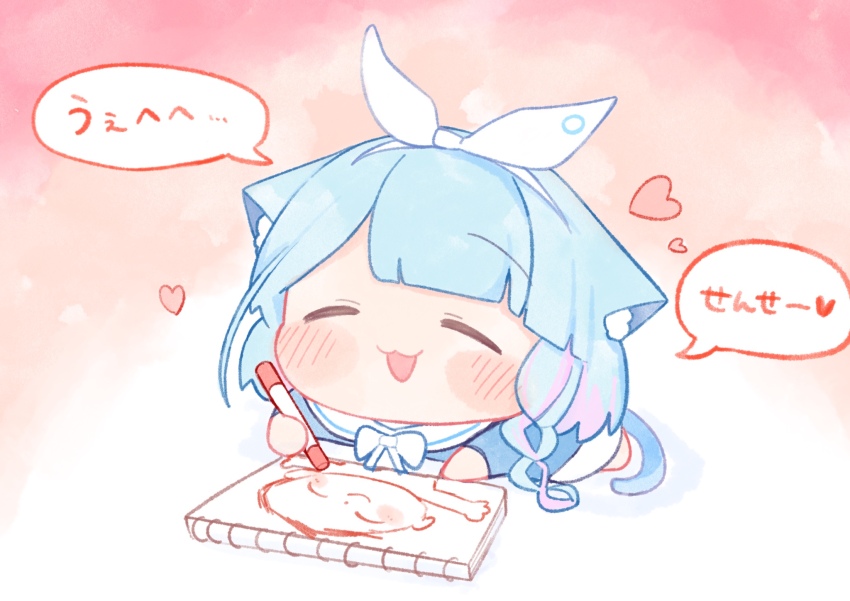 1girl :3 animal_ears arona_(blue_archive) blue_archive blue_hair blue_shirt blush_stickers bow_hairband chibi chibi_only child&#039;s_drawing closed_eyes commentary doodle_sensei_(blue_archive) drawing_(action) drawing_(object) hairband happy heart highres holding holding_marker kemonomimi_mode marker multicolored_hair no_halo open_mouth pink_hair sailor_collar sensei_(blue_archive) shirt smile solo speech_bubble spoken_heart streaked_hair symbol-only_commentary tail two-tone_hair urode white_hairband white_sailor_collar