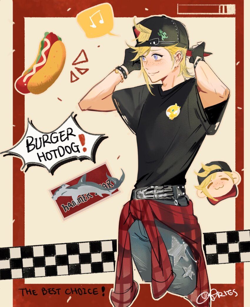 1boy adjusting_clothes adjusting_headwear aries20770321 backwards_hat baseball_cap black_gloves black_hat black_shirt blonde_hair blue_eyes bracelet chibi chibi_inset chocobo clothes_around_waist cowboy_shot cropped_legs final_fantasy final_fantasy_xv fingerless_gloves freckles gloves grey_pants hammerhead_shark hat highres hot_dog jewelry male_focus musical_note pants plaid_clothes plaid_shirt print_shirt prompto_argentum red_shirt sabotender shirt shirt_around_waist short_hair solo spoken_musical_note t-shirt twintails
