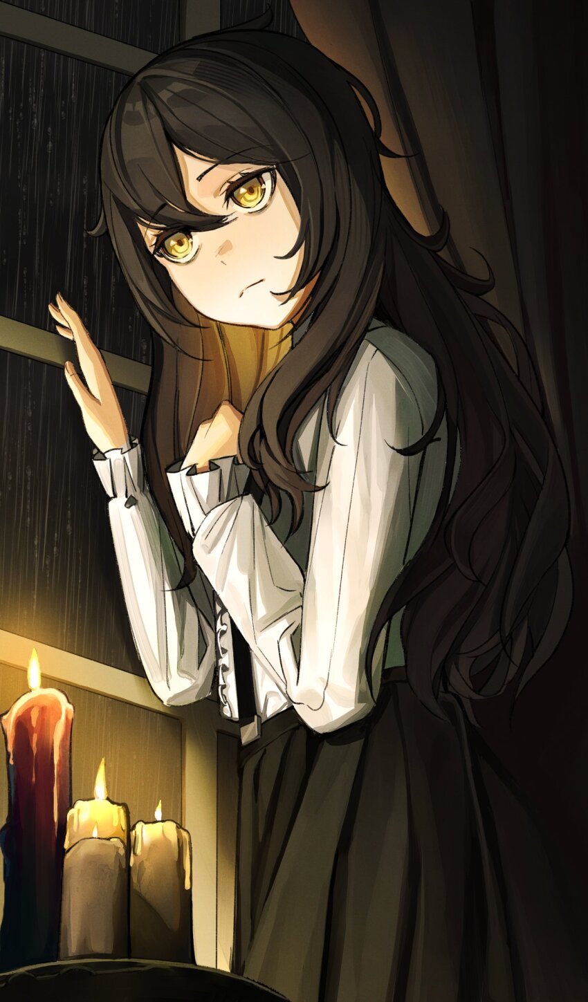 1girl black_hair breasts candle candlelight commentary curtains english_commentary frilled_shirt frilled_sleeves frills grimmi_(vtuber) hair_over_shoulder highres indie_virtual_youtuber indoors knees_up long_hair messy_hair night pale_skin petite rain reaching ringed_eyes shirt sidelocks small_breasts solo storm suspenders tilltired virtual_youtuber window yellow_eyes