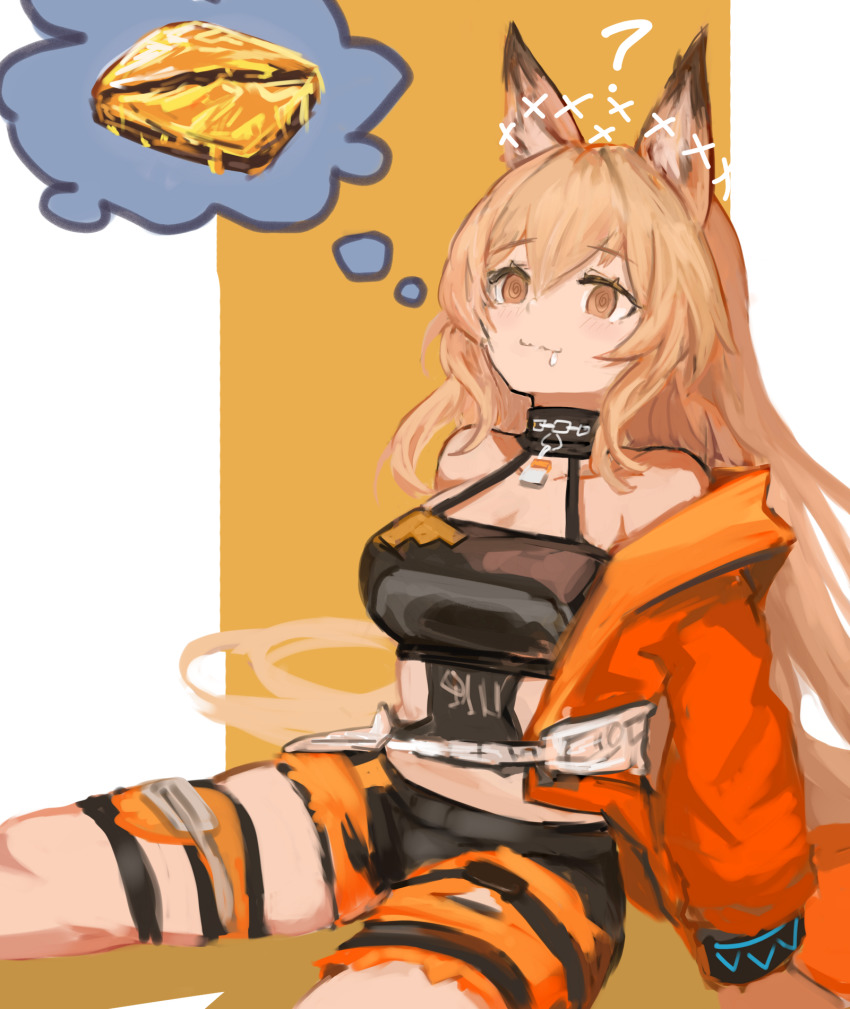 1girl ? @_@ animal_ears arknights baklava bare_shoulders black_shorts blush bracelet breasts brown_eyes brown_hair ceobe_(arknights) ceobe_(summer_flowers)_(arknights) closed_mouth collarbone cookie dog_ears drooling food gnai highres imagining jacket jewelry long_hair long_sleeves medium_breasts official_alternate_costume open_clothes open_jacket orange_jacket shorts sitting smile solo speech_bubble thought_bubble two-tone_background very_long_hair