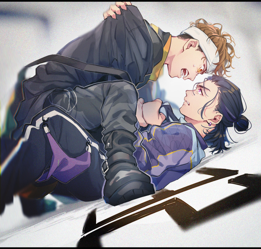 2boys aam09212 arguing bakuage_sentai_boonboomger black_hair black_jacket brown_hair bureki_genba earrings episode_number hair_bun highres homura_sakito jacket jewelry male_focus medium_hair multicolored_hair multiple_boys purple_hair purple_jacket short_hair streaked_hair super_sentai two-tone_hair