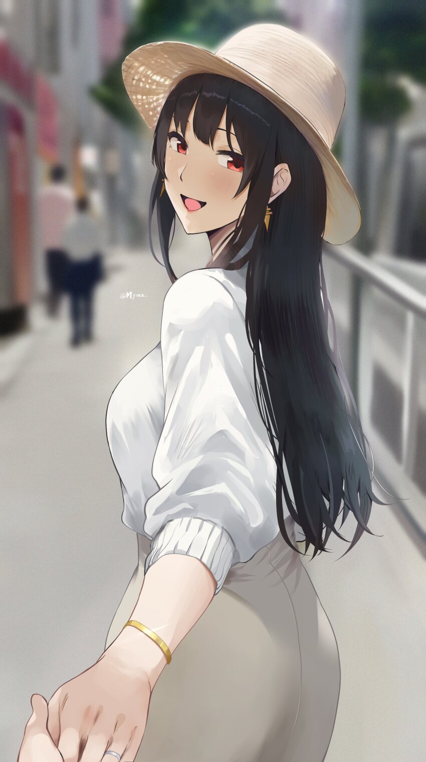 1boy 1girl 2others :d absurdres ass black_hair blurry blurry_background bracelet breasts commentary earrings gold_earrings grey_skirt hat highres holding_hands jewelry large_breasts long_hair looking_at_viewer looking_back multiple_others mymzi open_mouth outdoors pov pov_hands red_eyes ring shirt_tucked_in sidewalk skirt smile solo_focus spy_x_family straw_hat sweater symbol-only_commentary twitter_username wedding_ring white_sweater yor_briar