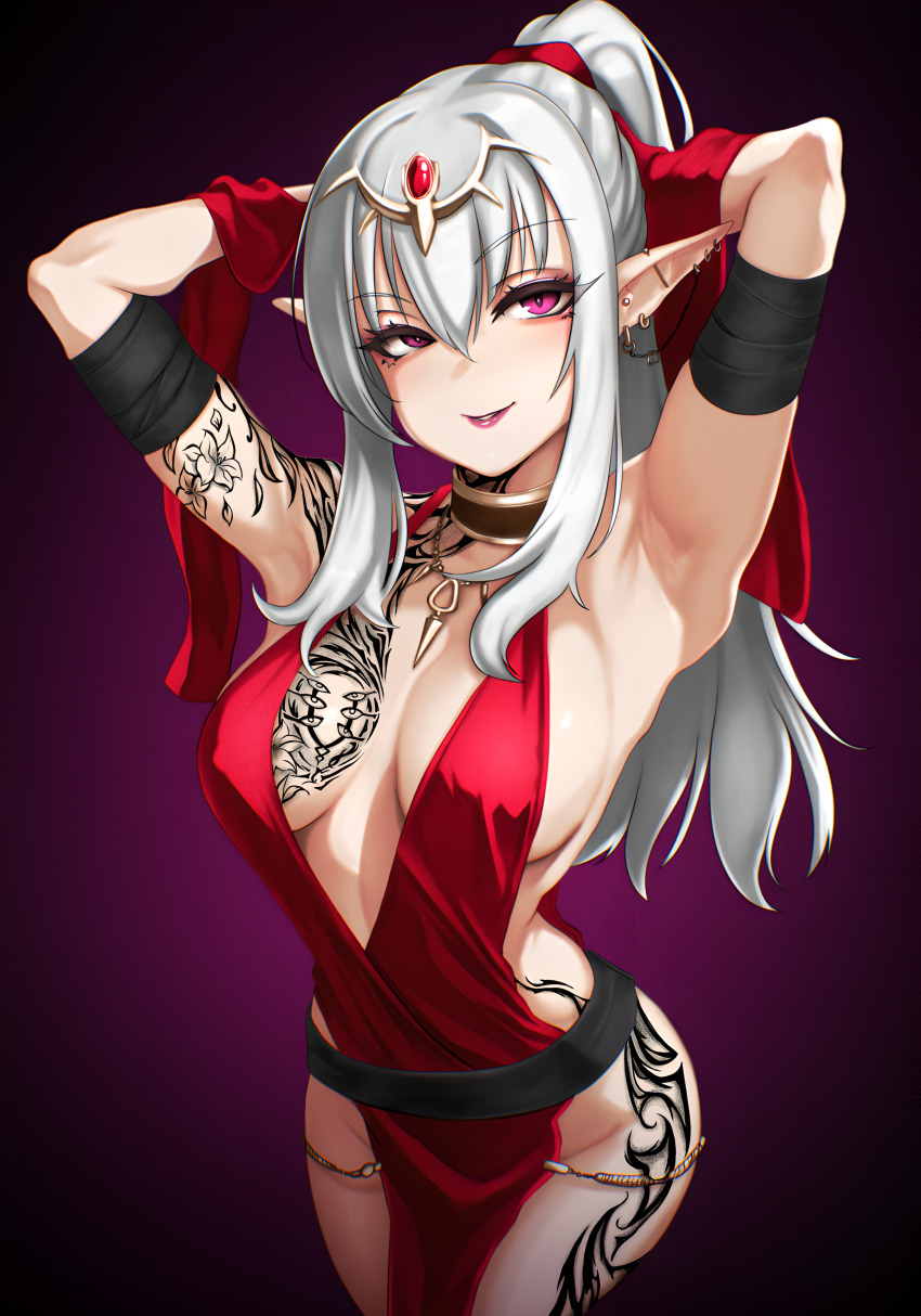 adjusting_hair arm_tattoo arms_up breasts chest_tattoo commission corruption earrings eyes_of_grima fire_emblem fire_emblem_awakening grey_hair grima_(fire_emblem) jewelry large_breasts leg_tattoo nintendo pointy_ears purple_eyes skeb_commission tattoo tiki_(adult)_(fire_emblem) tiki_(fire_emblem) wide_hips xxdrosselxx