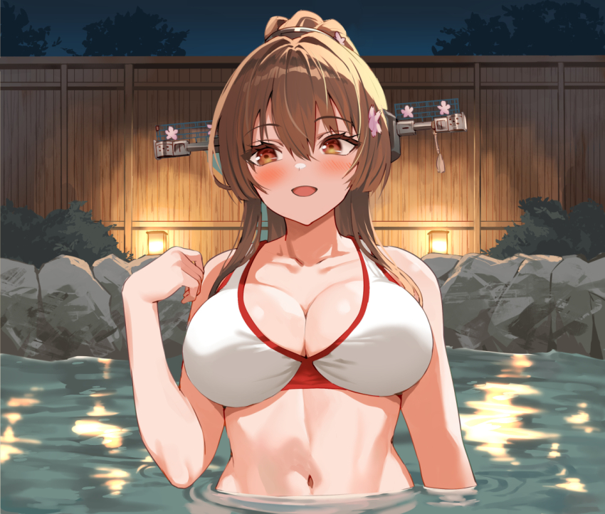 1girl bikini breasts brown_eyes brown_hair cherry_blossoms commentary_request flower hair_between_eyes hair_flower hair_intakes hair_ornament headgear kantai_collection large_breasts long_hair looking_at_viewer murata_taichi navel night official_alternate_costume onsen outdoors partially_submerged ponytail sidelocks solo swimsuit very_long_hair white_bikini yamato_(kancolle) yamato_(swimsuit)_(kancolle)