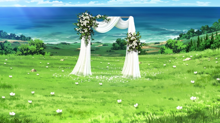 beach blue_sky bush cloud cloudy_sky curtains day dirt_road flower forest grass highres hill horizon nature no_humans non-web_source official_art our_life our_life:_beginnings_and_always outdoors poppy_(flower) road scenery sky too_many_flowers variant_set wedding_arch white_flower