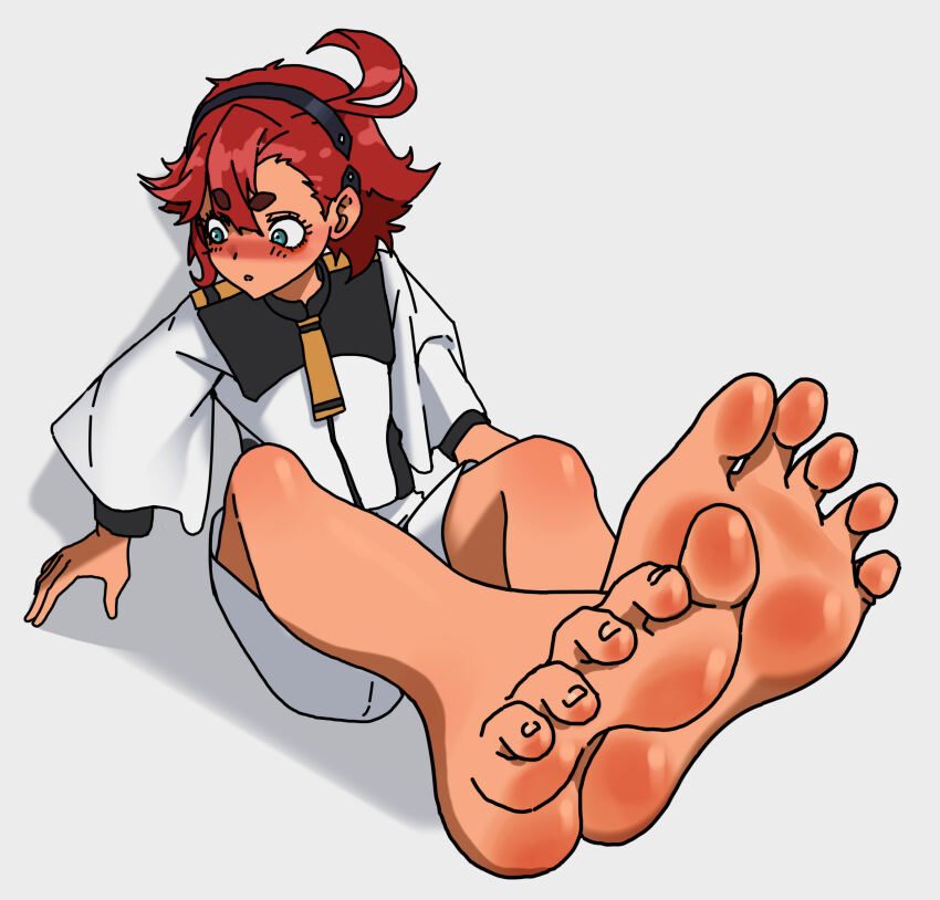 1girl absurdres barefoot blue_eyes blush feet gundam gundam_suisei_no_majo highres long_hair looking_to_the_side parted_lips paxa349 red_hair soles suletta_mercury toes