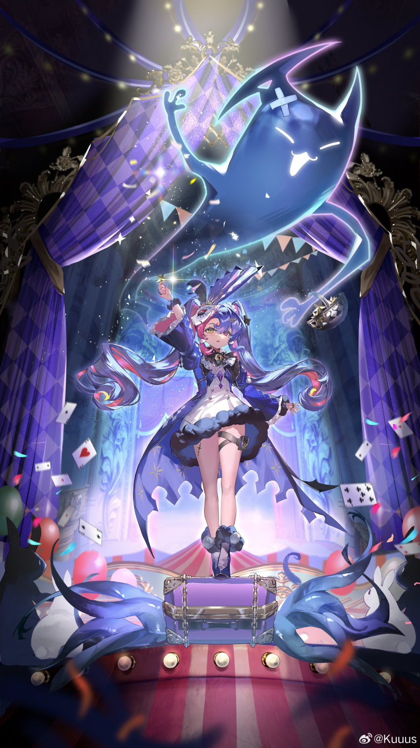 1girl absurdres arm_up black_bow black_collar bow card chinese_commentary chinese_text collar commentary_request dated dress hair_bow heterochromia highres holding holding_star jewelry key_hair_ornament kuuus logo long_hair looking_at_viewer multicolored_hair multiple_rings official_art parted_lips pero_(wuthering_waves) pink_eyes pink_hair playing_card purple_hair purple_shrug ring roccia_(wuthering_waves) stage star_(symbol) suitcase symbol-shaped_pupils tacet_mark_(wuthering_waves) twintails two-tone_hair white_dress wuthering_waves x-shaped_pupils yellow_eyes