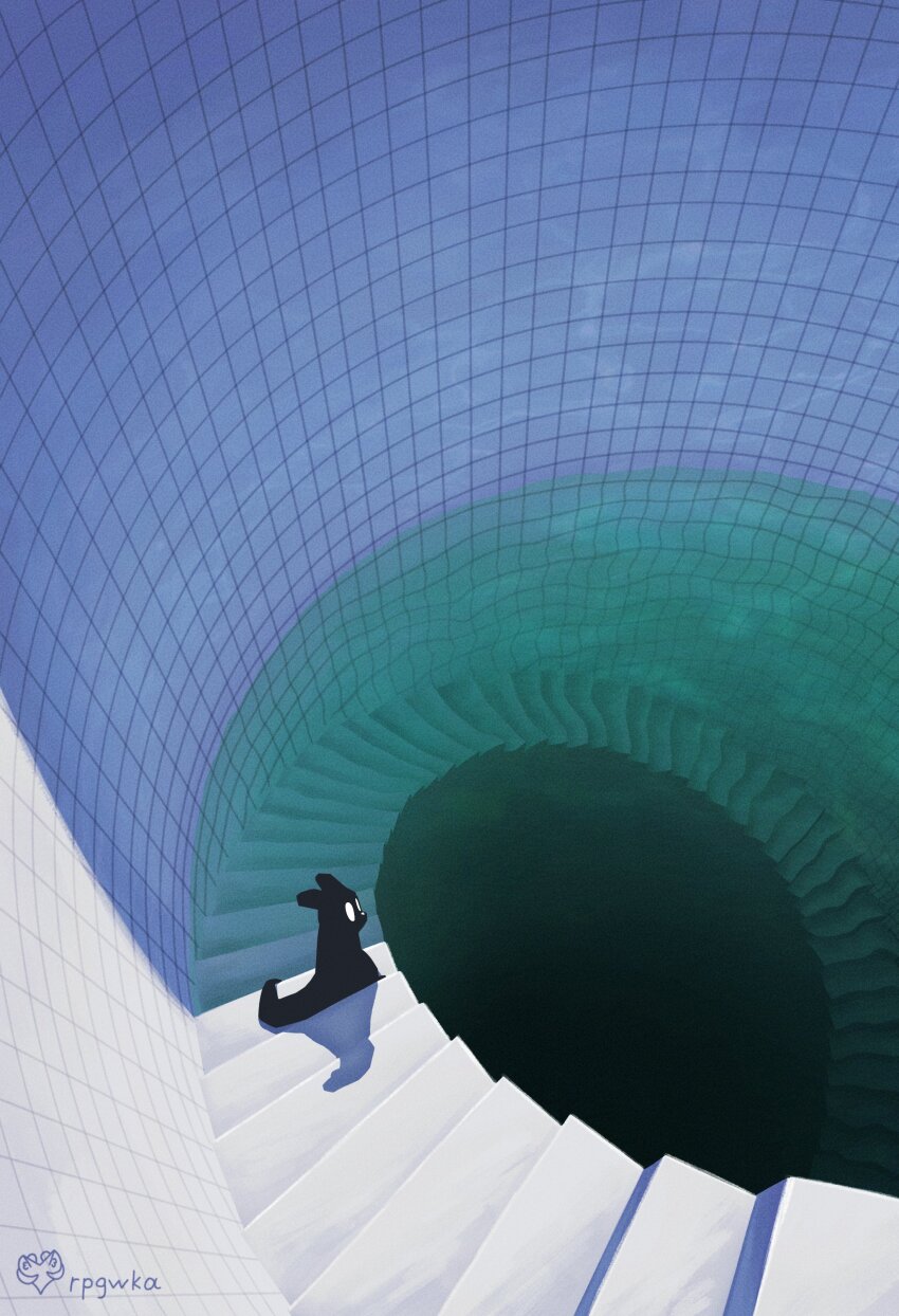absurdres aquarium_tunnel creature highres liminal_space looking_to_the_side no_mouth pool rain_world rpgwka_illust signature stairs watcher_(rain_world) water wide-eyed