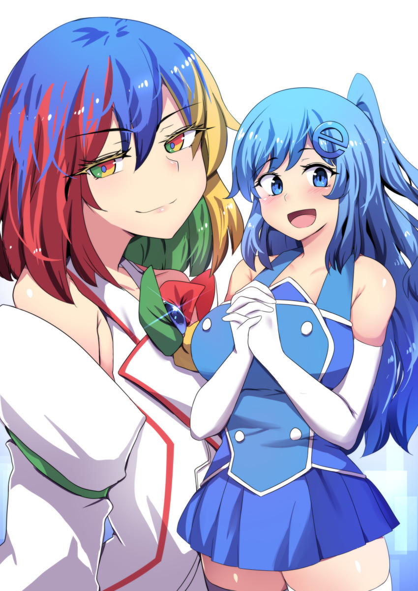2girls :d absurdres bad_id bad_pixiv_id blonde_hair blue_dress blue_eyes blue_hair breasts closed_mouth detached_sleeves dress evil_smile eyelashes gloves google_chrome google_chrome_(merryweather) green_eyes green_hair hair_between_eyes highres huge_filesize inset internet_explorer internet_explorer_(merryweather) internet_explorer_(webcomic) jewelry large_breasts long_hair medium_hair merryweather multicolored_eyes multicolored_hair multiple_girls open_mouth original own_hands_clasped own_hands_together personification ponytail red_eyes red_hair simple_background smile thighhighs white_gloves yellow_eyes