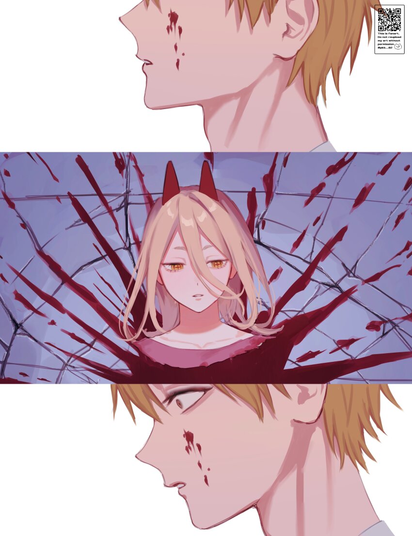1boy 1girl absurdres blonde_hair blood blood_on_face chainsaw_man cross-shaped_pupils denji_(chainsaw_man) gm_gn8 hair_between_eyes highres horns medium_hair parted_lips power_(chainsaw_man) red_horns severed_head symbol-shaped_pupils thumbnail_collage white_background