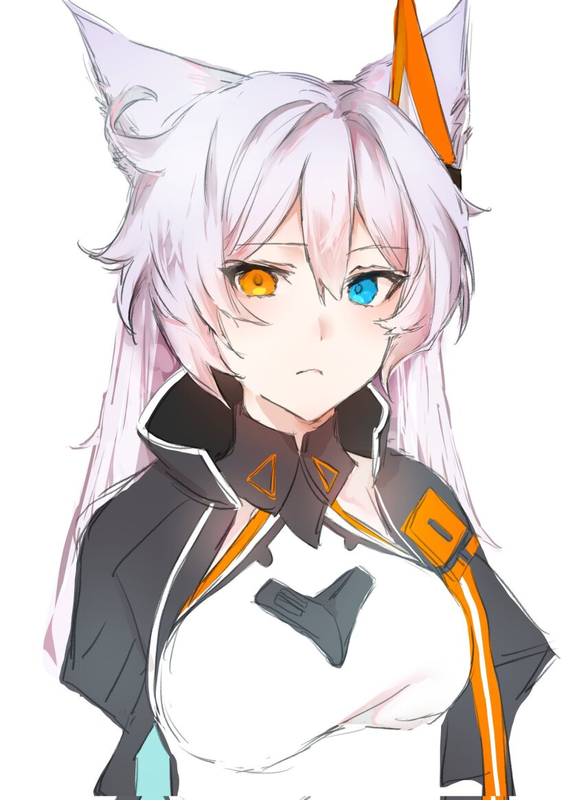 1girl animal_ears black_jacket blue_eyes cat_ears cat_girl closed_mouth commentary_request corrupted_twitter_file frown fuahina hair_between_eyes heterochromia highres honkai_(series) honkai_impact_3rd jacket kiana_kaslana kiana_kaslana_(void_drifter) long_hair shirt simple_background solo upper_body white_background white_hair white_shirt yellow_eyes