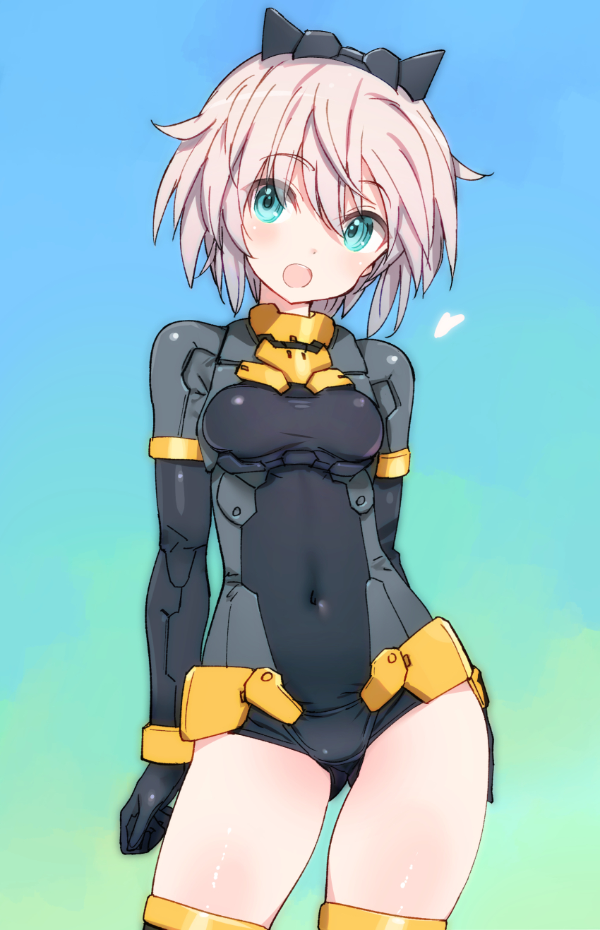 1girl 30_minutes_sisters :o absurdres aqua_eyes black_gloves blue_background breasts commentary_request contrapposto covered_navel gloves gradient_background green_background grey_hair headgear highres leotard looking_at_viewer medium_breasts open_mouth rishetta_(30ms) shimada_fumikane short_hair solo thighhighs thighs